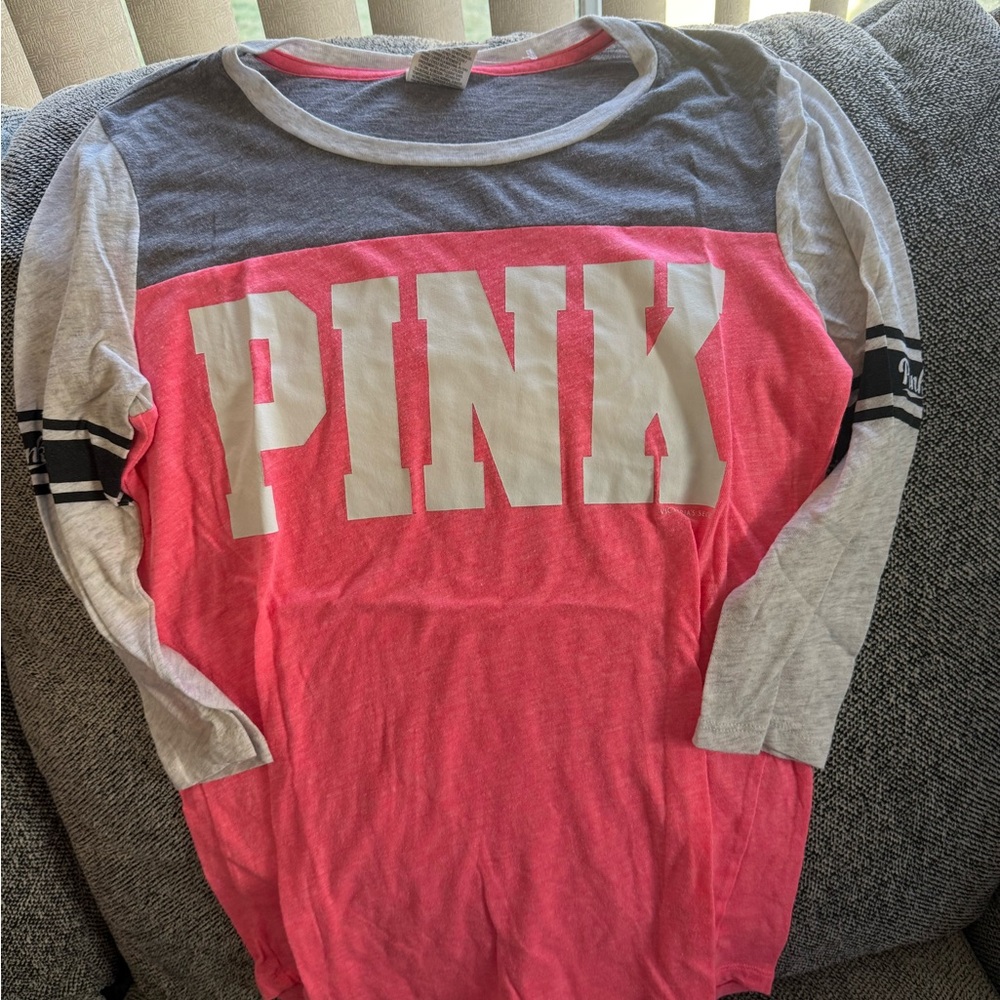 PINK Victoria's Secret Gray and Pink Long Sleeve Tee
